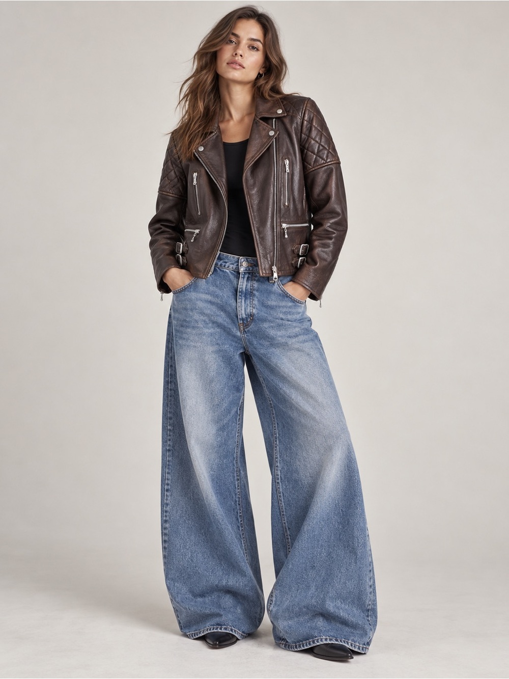 All Saints Chocolate Brown Quilted Leather Biker Jacket